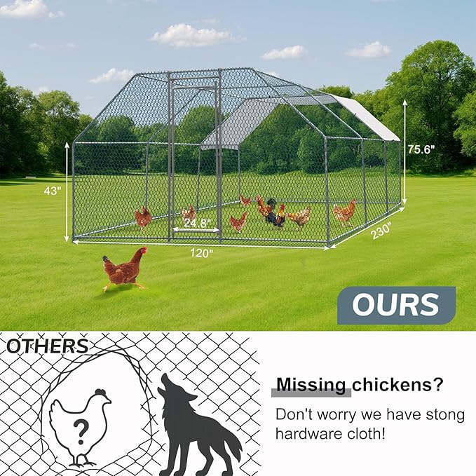 VINGLI Chicken Coop, Large Metal Poultry Cage for Chicken Run, Walk-in Chicken Pen with Waterproof & Anti-UV Cover Outdoor (Silver-Flat Roof, 19.7 * 9.8 * 6.5 ft)