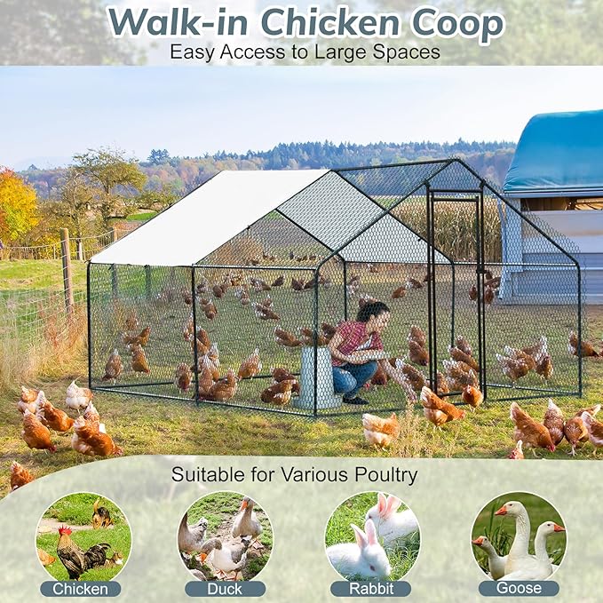 VINGLI Chicken Coop, Large Metal Poultry Cage for Chicken Run, Walk-in Chicken Pen with Waterproof & Anti-UV Cover Outdoor (Black-Spire Roof, 9.8 * 9.8 * 6.5 ft)