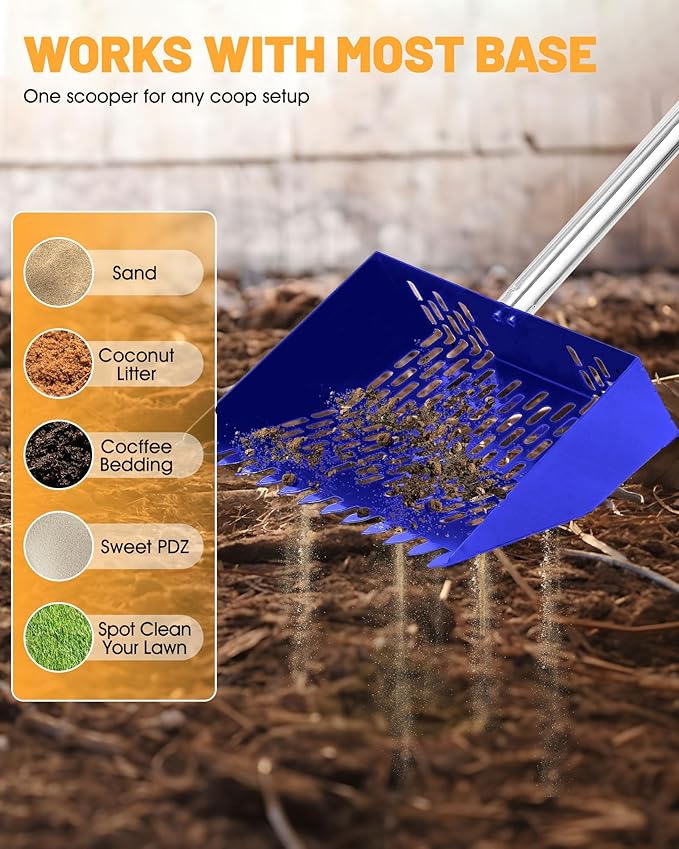 Chicken Poop Scooper and Rake – 2-in-1 Metal Litter Sifter for Chicken Coops, Sand, and Runs with 22–62" Adjustable Handle, Heavy-Duty Cleaning Tool for Chicken and Duck Pen