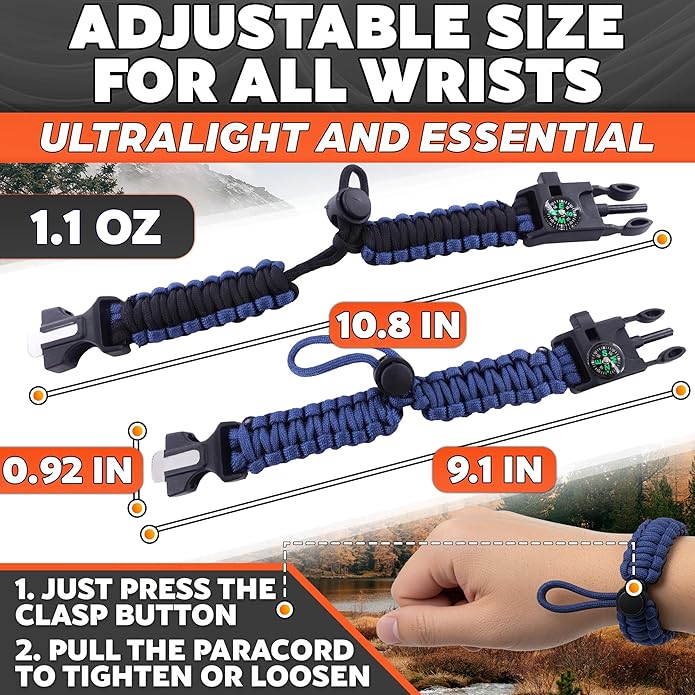 2Pack Survival Paracord Bracelet – 5-in-1 Adjustable Tactical Bracelet for Men with 10 ft Paracord, Flint Fire Starter, Compass, Whistle & Scraper – Survival Gear for Camping, Hiking, Fishing & Travel