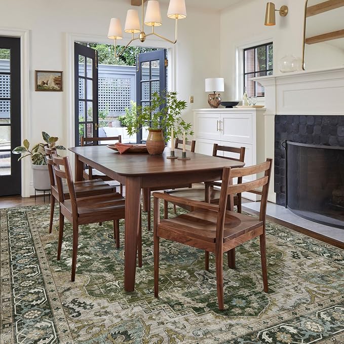 Washable Area Rug 8x10 - Large Moss Green Boho Rugs for Living Room Soft Vintage Bedroom Rug Ultra-Thin Oriental Farmhouse Distressed Carpet Non Slip Rug for Dining Room Guest Room Home Decor