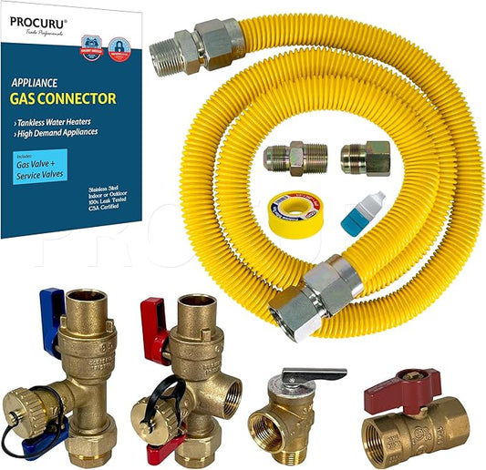 PROCURU 1" OD x 36" (3Ft) x 3/4"MIP x 3/4"FIP Flexible Gas Connector Kit, with Gas Valve and Service Valve Kit (Sweat), Weatherproof Stainless Steel Tubing for Tankless Water Heater (Blue-E2 Series)