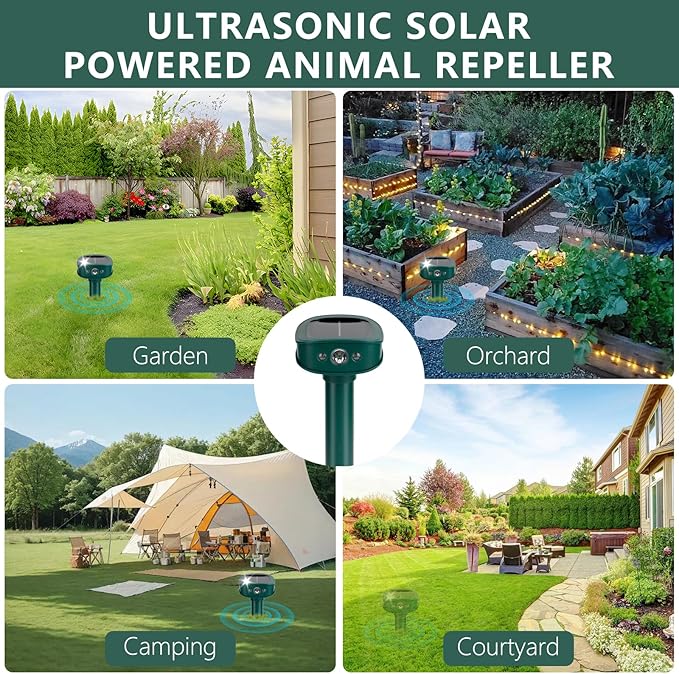 4 Pack 2025 Upgraded Solar Ultrasonic Animal Repellent Outdoor – Motion Activated Deer, Squirrel, Cat, Raccoon, Dog & Bird Deterrent with Multi-Frequency LED Strobe & Ultrasonic Sweep for Yard Lawn