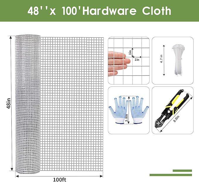 Tongmo 48" x 100' Hardware Cloth, 1inch Mesh Galvanized Chicken Wire Fence, 19 Gauge Welded Wire Roll,Garden Fence, Poultry Netting for Rabbit/Duck/Chicken Coop