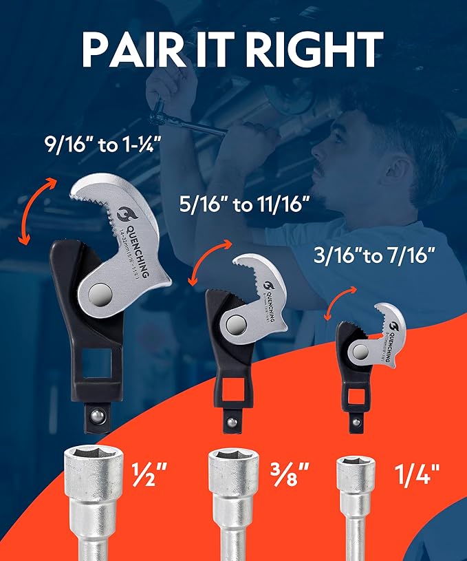 Self-Adjusting Crowfoot Wrench Set – 3-Piece Kit Fits 1/4", 3/8", 1/2" Drives, Covers 5–32mm, Replaces Multiple Fixed-Size Wrenches