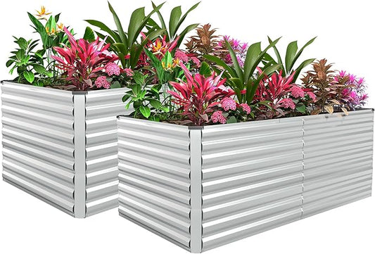 FOOWIN 2pcs 8x4x3ft Galvanized Raised Garden Bed, Planter Raised Garden Boxes Outdoor, Large Metal Raised Beds for Gardening, Garden Bed for Vegetables, Flowers, Herb, Silver