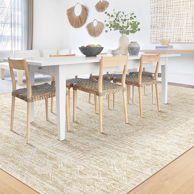 Washable Area Rug 5x7: Moroccan Rug for Living Room Geometric Boho Rug Farmhouse Non Slip Stain Resistant Rugs Low Pile Soft Carpet for Bedroom Dining Room Home Office Children Room (Beige,5'x7')