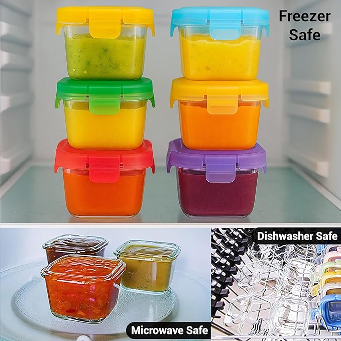 ARSUK Square 5OZ Glass Food Storage Containers with Airtight BPA-Free Lids 6 Pack, Small Glass Freezer Containers for Sauce, Sides, Meal Prep - Reusable & Dishwasher Microwave Fridge Freezer Safe
