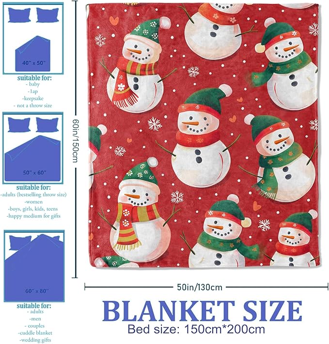 Red Snowmen Throw Blanket 50"x60", Festive Winter Blankets for Holiday Home Decor, Soft Flannel Polyester Cozy Warm for Kids Adults