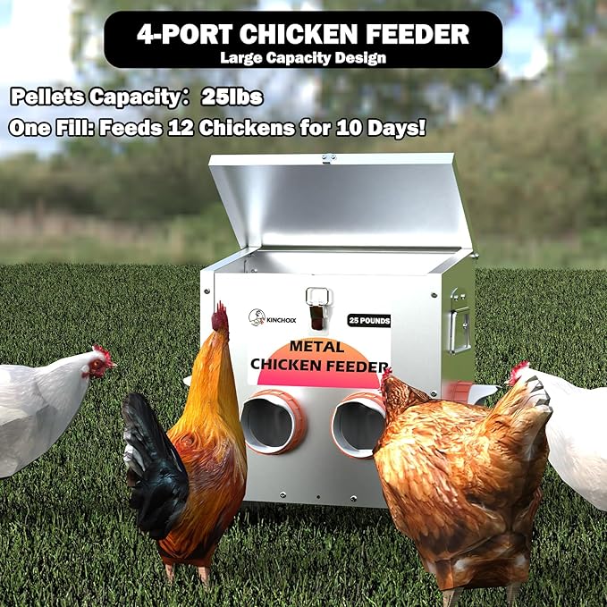 Metal Chicken Feeder Large Capacity 25lbs Automatic Metal Chicken Feeders No Waster Weatherproof Poultry Feeder for Chickens, Geese, Ducks, Turkeys (4-Port)