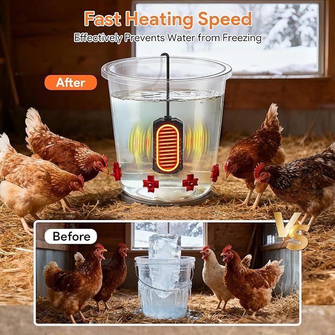 Heated Chicken Waterer with Smart LCD Screen, Chicken Water Heater for Under 6 Gallons Waterer, Thermostatic Control & Prevent Water Freezing, Fast Heating Water for Chickens, Ducks, Geese in Winter