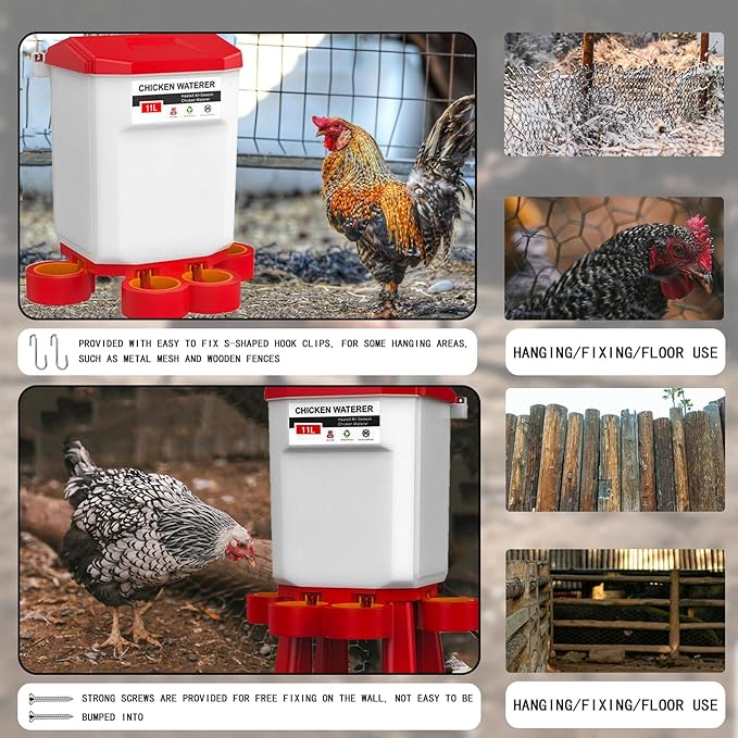 FXiaoy Heated Chicken Waterer, Automatic Poultry Waterer, 11L (Red, 11L)