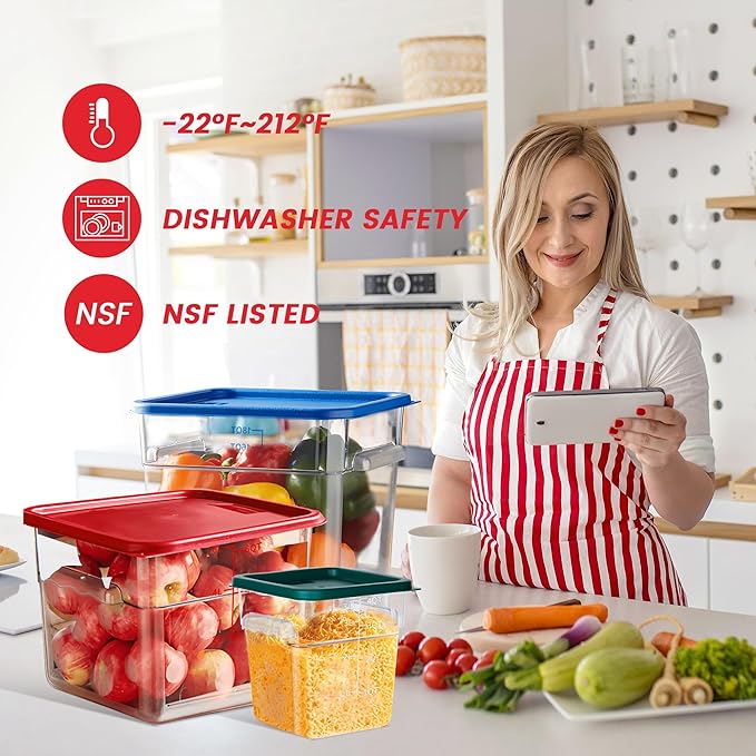 4 Pack Food Storage Containers, 6 Quart with Lids, Square Commercial Containers with Scale, NSF, Polycarbonate, Clear
