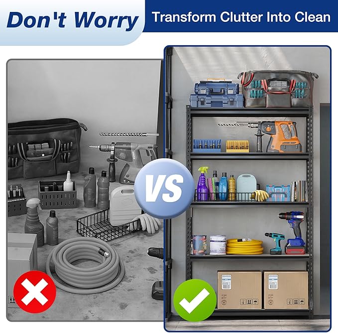 WORKPRO 5-Tier Storage Shelf, 72" H Heavy Duty Adjustable Garage Shelving Unit 2180LBS Capacity, for Basement, Kitchen, Pantry, 27.6”Wx11.8”Dx60”H, Black