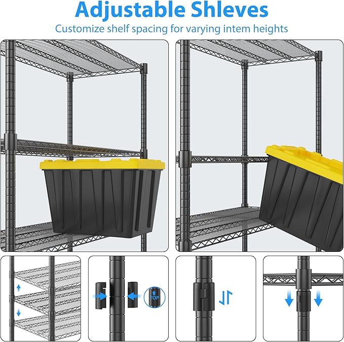 Homdox 60”W Storage Shelves, 4 Tier Heavy Duty Wire Shelving Unit with Wheels, 2400LBS Commercial Adjustable Metal Shelves for Storage, Garage Rack Pantry Shelves Kitchen Shelving, 24"x60"x72", Black