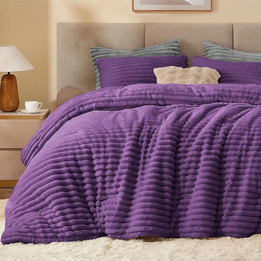 BEDELITE Fleece Full Comforter Set -Super Soft & Warm Fluffy Purple Bedding, Luxury Fuzzy Heavy Bed Set for Winter with 2 Pillow Cases