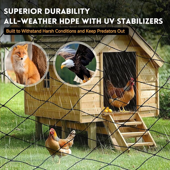 Heavy Knotted Poultry Netting for Chicken Run, 2" Mesh, 50x50 ft HDPE Chicken Coop Netting Cover, Hawk Netting for Chickens, Guards Poultry, Pets & Birds Against Raccoons & Predators