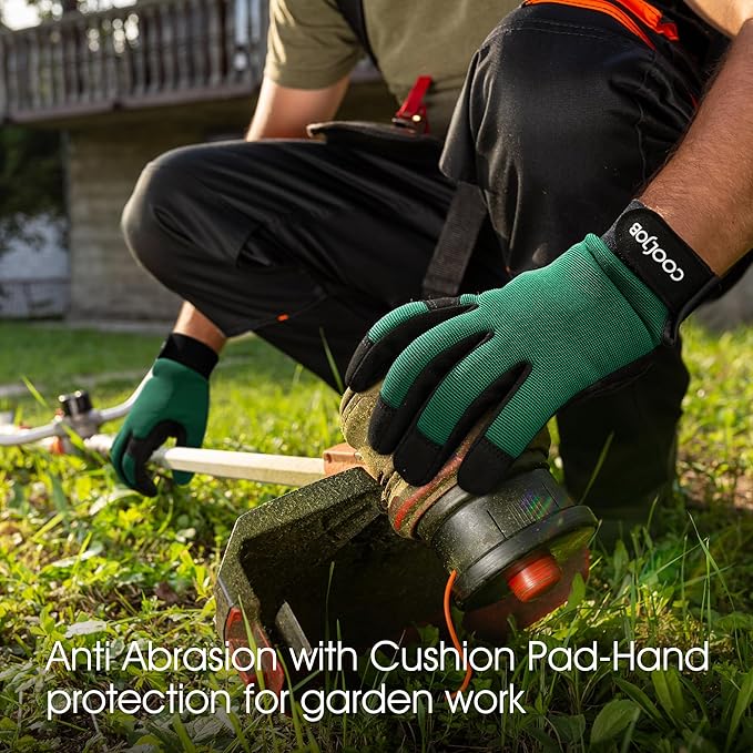 COOLJOB Thorn Proof Garden Gloves with Touchscreen Fingers for Men, Rose Pruning Work Gloves with Palm Cushion for Gardener, Farmer and Landscaper (Green 1 Pair Large)