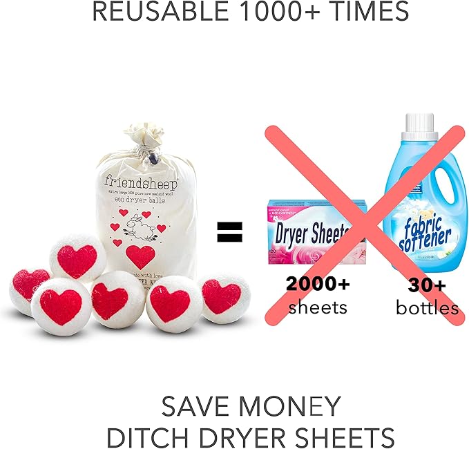 Friendsheep Wool Dryer Balls, Organic Reusable Fabric Softener Alternative for Laundry, Handmade, Fair Trade, Hypoallergenic, Eco-Friendly, Plastic-Free (6 Pack XL – One Love)