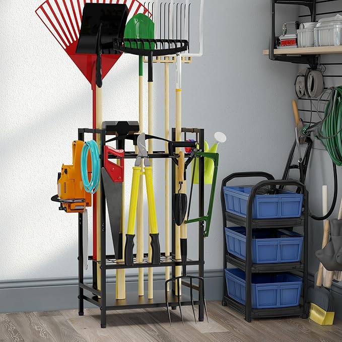 Garden Tool Organizer for Garage, Yard Tool Rack, Holds Up to 36 Long-Handled Tools, Black Metal Garden Tools Rack Storage with Hooks for Yard Shed Garage Organization