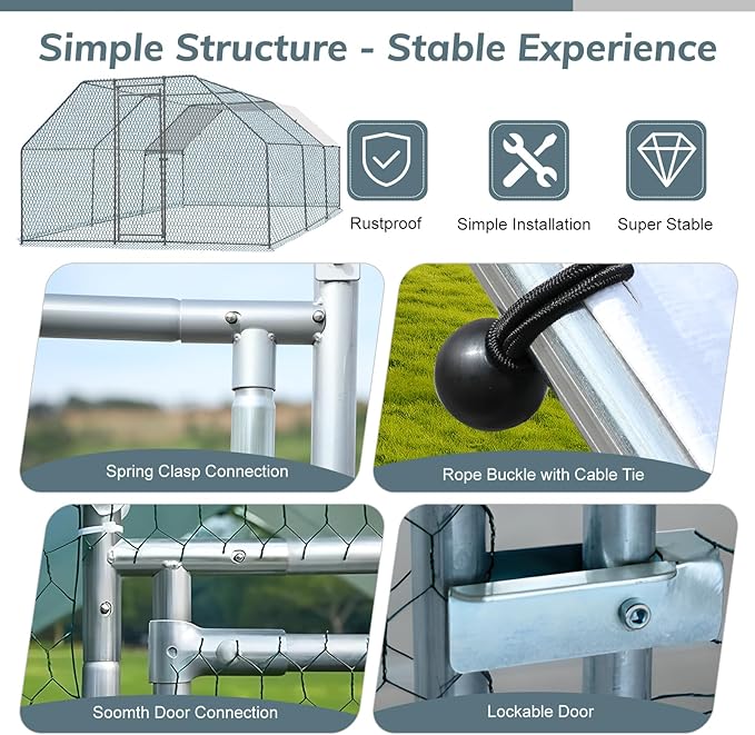 VINGLI Chicken Coop, Large Metal Poultry Cage for Chicken Run, Walk-in Chicken Pen with Waterproof & Anti-UV Cover Outdoor (Silver-Flat Roof, 19.7 * 9.8 * 6.5 ft)