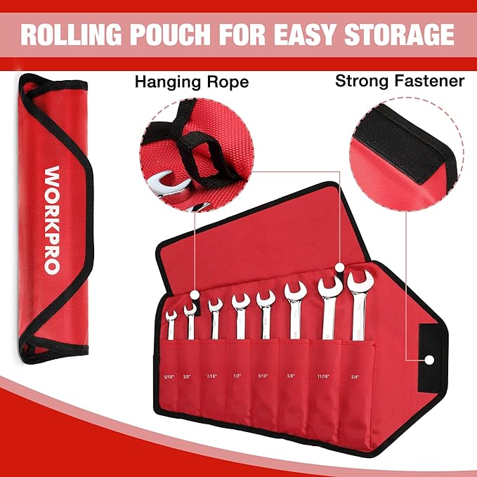 WORKPRO 8-piece Flex-Head Ratcheting Combination Wrench Set, SAE 5/16-3/4 in, 72-Teeth, Cr-V Constructed, Mirror Polished Chrome Plated with Roll Up Pouch