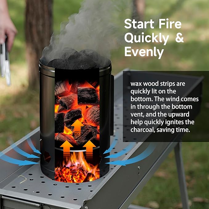 WILLBBQ Charcoal Chimney Starter, Heavy Duty Premium Chimney Starter for Charcoal Grills BBQ Accessory with Heat Resistant Wooden Handle for Outdoor Grill Camping (Dark Black)