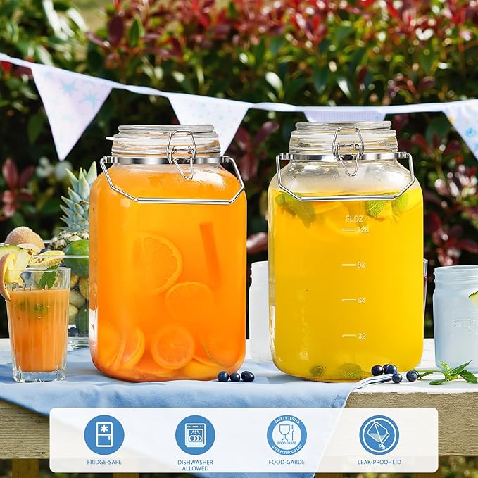 1.5 Gallon Glass Jars With Airtight Lid, Gallon Mason Jars Wide Mouth w Scale Marks(192 FL Oz), Glass Storage Containers with Lids And Sturdy Handles For Flour, Sugar, Baking Supplies, Set of 2