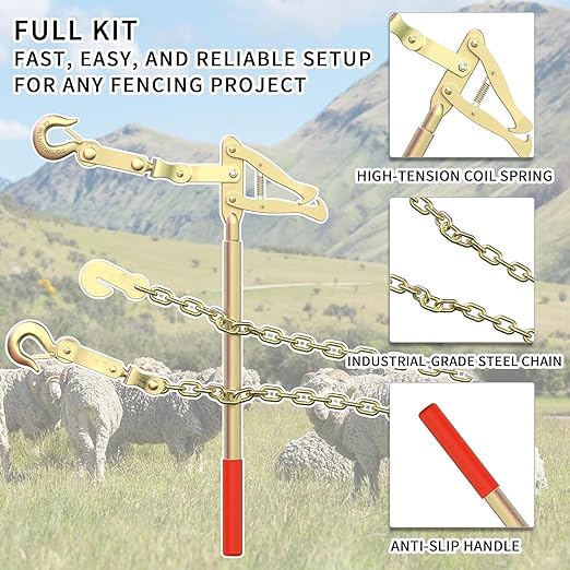 Fence Stretcher Bar Puller, 19.7ft Chain, 2200 lbs Wire Tensioner for Barbed & Chain-Link Fence Repair, Heavy-Duty Steel, Non-Slip Handle (2 Pack)