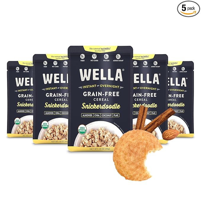 Wella Cereal Oatmeal Alternative, Gluten-Free Breakfast Hot Cereal, Grain-Free Paleo Organic Vegan High Protein Superfood, Plant-Based Non-GMO, Low in Net Carbs, Single-Serve Packets, Snickerdoodle Flavor (5 Count, 1.6 oz. Packets)
