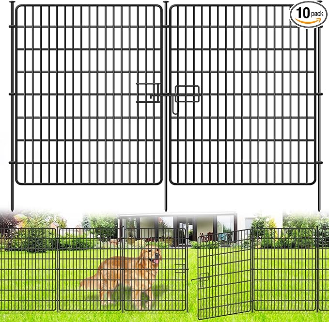 10 Panels No Dig Fence with Gate, 32 in(H) X 24 ft(L) Garden Decorative Fence Animal Barrier for Dogs, Rustproof Metal Garden Edging Border for Outdoor, Yard, Patio, Black