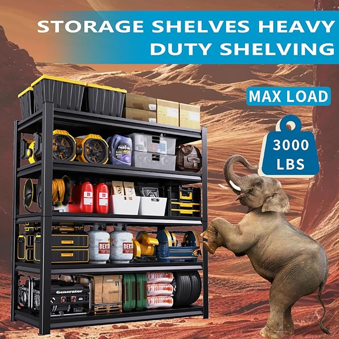 72''H/46''W Garage Shelving Heavy Duty 5-Tier Adjustable Storage Shelves Unit,3000 LBS Metal Utility Rack Shelf for Industries, Warehouses, Basement,Black (72'H x 46''W x 20''D)