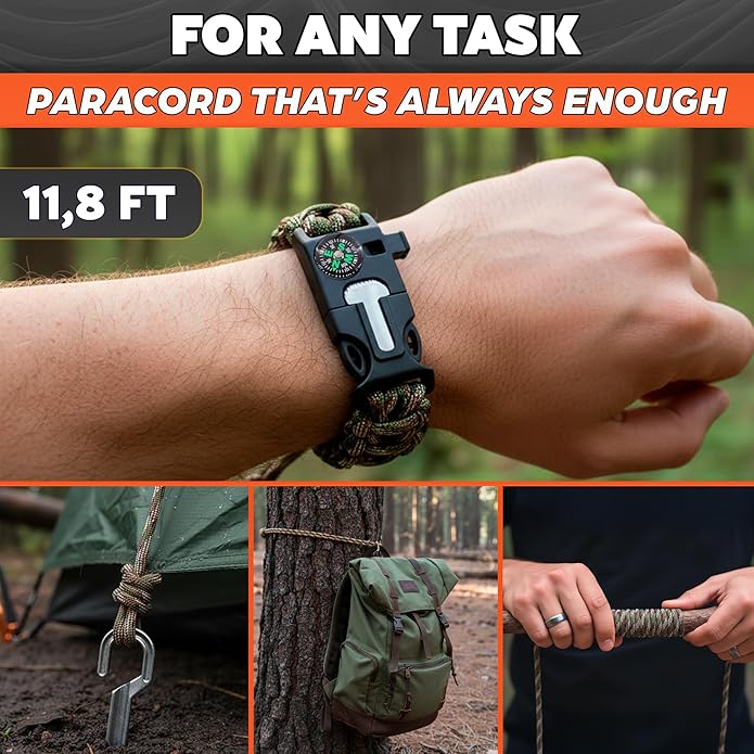 2Pack Survival Paracord Bracelet – 5-in-1 Adjustable Tactical Bracelet for Men with 10 ft Paracord, Flint Fire Starter, Compass, Whistle & Scraper – Survival Gear for Camping, Hiking, Fishing & Travel