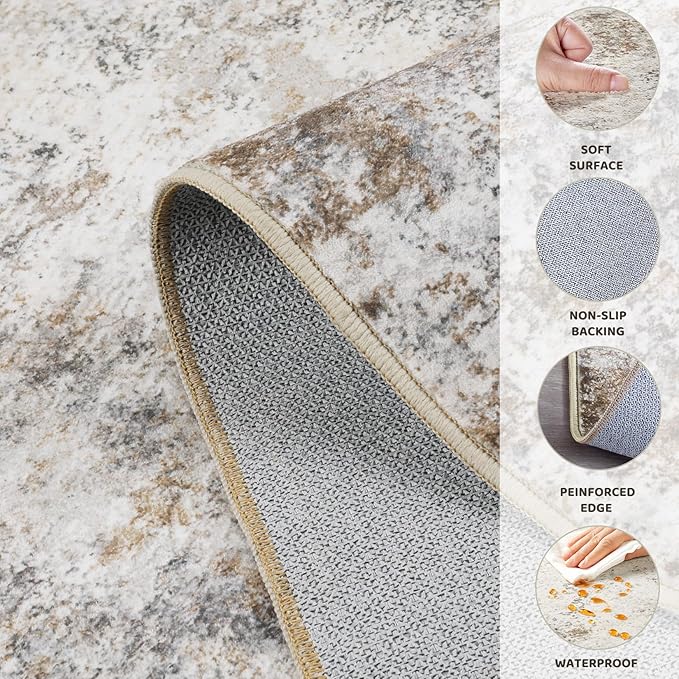 10x13 Area Rug Living Room Rugs - Washable Neutral Modern Abstract Soft Thin Rug Indoor Floor No Slip Rug Carpet for Bedroom Under Dining Table Home Office Decor - Brown Grey
