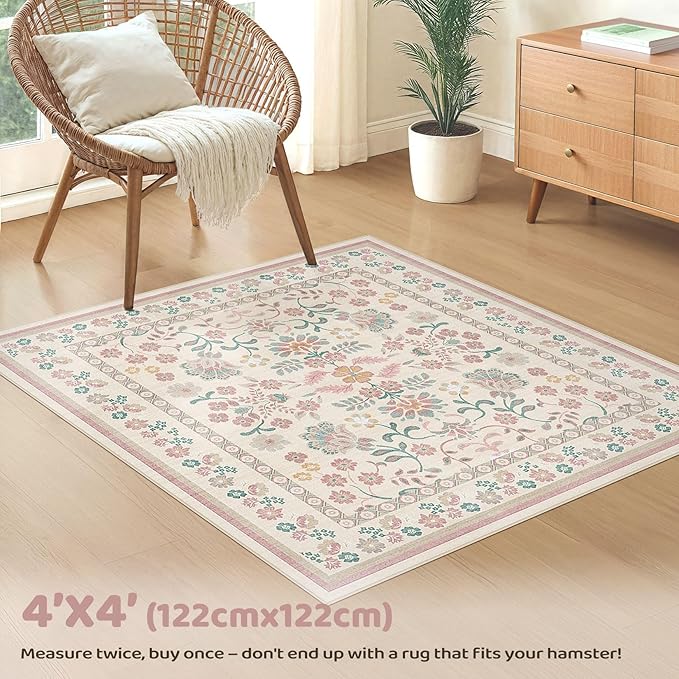 Square Area Rugs : Washable 4x4 Floral Carpet for Living Room Bedroom - Soft Floor Mat with Non Slip Backing for Kitchen Nursery Dorms Farmhouse Home Decor - Pink