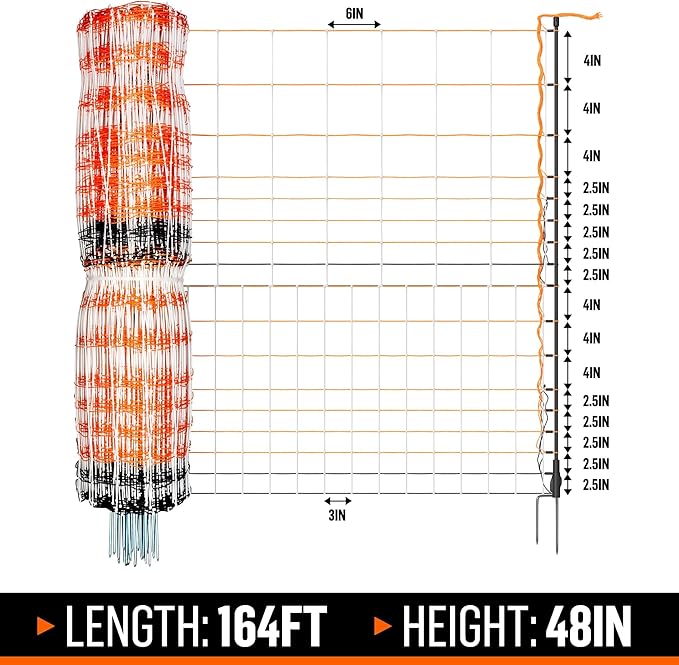 Premium Semi-Rigid Electric Poultry Netting Fence 48" x 164' - Portable Pre-Assembled Electric Fencing for Chicken Sheep Goats (19 Posts, 2 Spikes)
