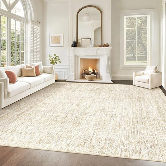 Living Room Rugs 8x10: Washable Moroccan Geometric Boho Rug Farmhouse Non Slip Stain Resistant Large Rug Low Pile Soft Carpet for Bedroom Dining Room Children Room (Beige,8'x10')