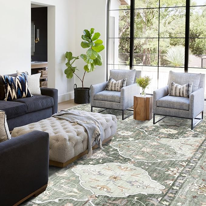 Boho Vintage Area Rugs 8×10 Washable Non-Slip Traditional Green Area Rug for Living Room Bedroom Dining Room Farmhouse
