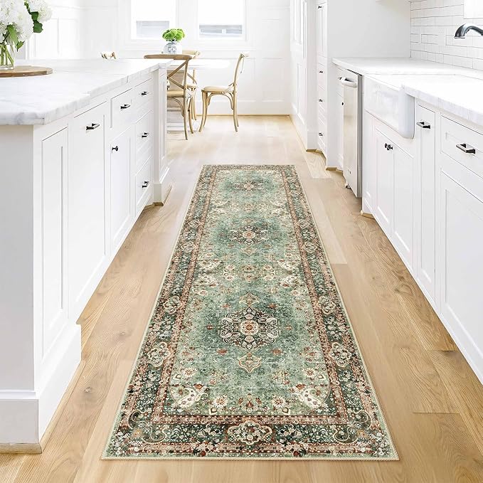 Washable Runner Rug 2x8,Green Rug Runners Non Slip,Long Boho Rugs for Hallways Kitchen Bedroom Entryway Living Room Bathroom,Vintage Bohemian Distressed Oriental Floor Carpet