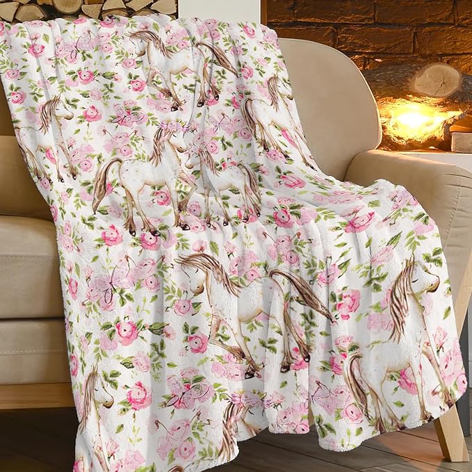 Horse Floral Blanket Pink Cute Horse Baby Throw Blanket Super Soft Plush Lightweight Warm Fleece Flannel Decor Blanket Gifts for Girls Women Boys Men Kids for Sofa Couch Bed 50"X60"