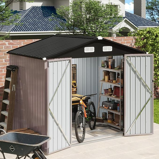 Aoxun 8x6 FT Outdoor Storage Shed with Base Garden Metal Shed with Lockable Door Outdoor Large Shed for Tool, Garbage Can, Bike, Mower, Brown
