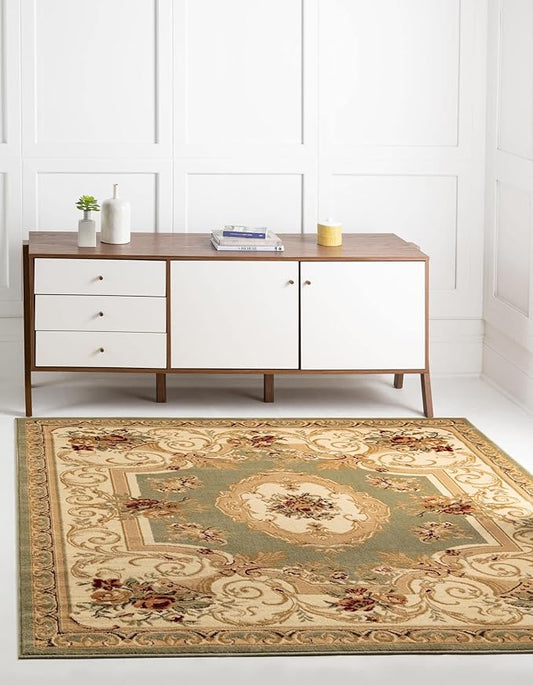 Unique Loom Versailles Collection Traditional Classic Floral Motif Area Rug (5' 0 x 5' 0 Square, Green/Ivory)