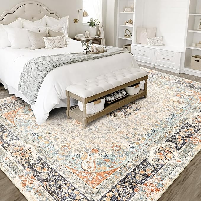 8x10 Area Rugs Washable,Vintage Rug for Living Room Bedroom Dining Room,Large Boho Bohemian Distressed Carpet Non Slip,Retro Blue Grey Floral