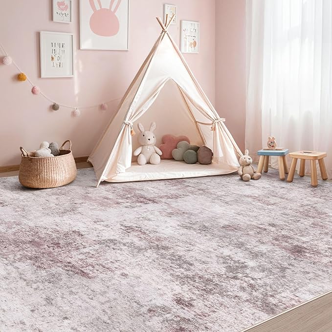 9x12 Area Rug Living Room Rugs - Washable Neutral Modern Abstract Soft Thin Large Rug Indoor Floor No Slip Rug Carpet for Bedroom Under Dining Table Home Office Decor - Pink