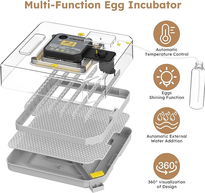 Egg Incubator for Hatching 48 Chicken, Duck, Quail & Goose Eggs – Automatic Egg Turner, Humidity & Temperature Control, Built-in LED Candler, Auto Water Refill, 360° Clear View Digital Poultry Hatcher