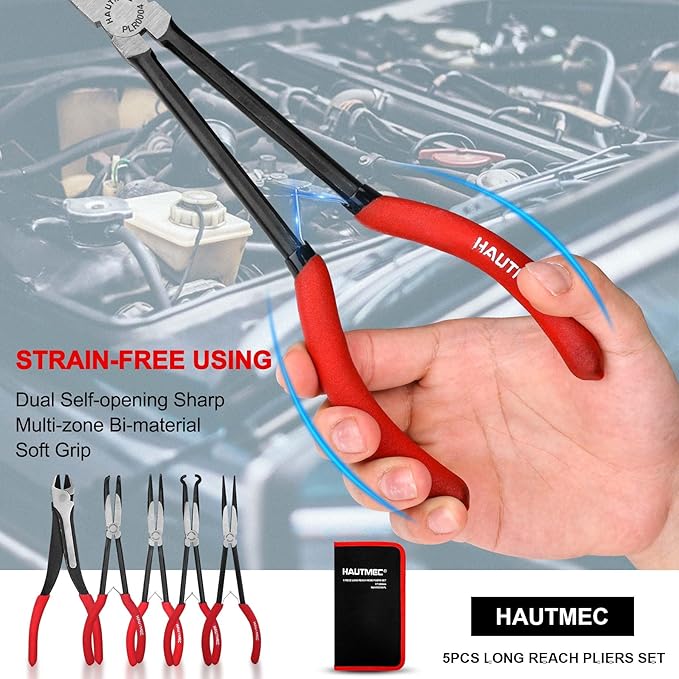 HAUTMEC 11Inch Extra Long Needle Nose Pliers Set, 5PCS Spring Loaded Heavy Duty Long Reach Pliers Include Hose Grip and Diagonal Cutting Plier, Straight and 45/90 Degree Bent Nose Pliers