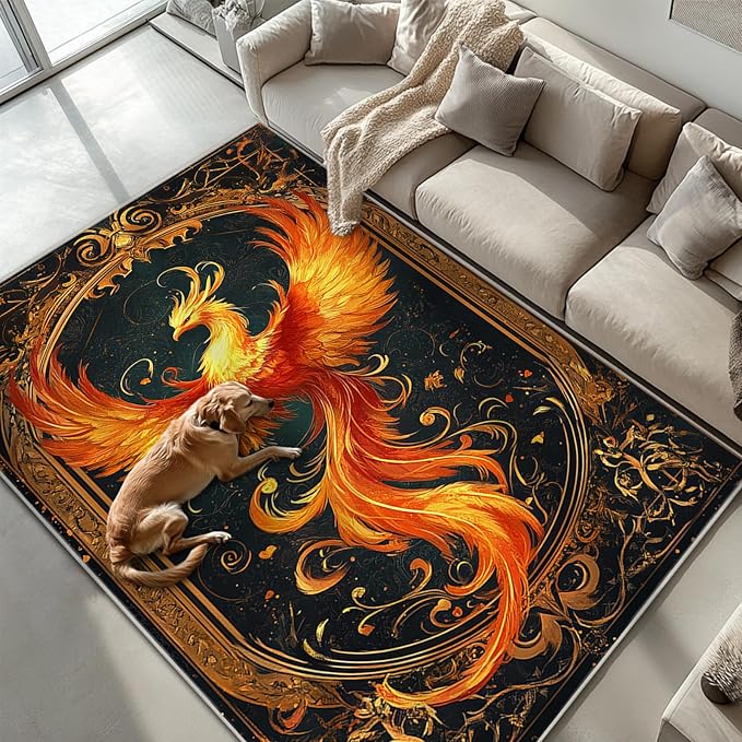 5x7 Phoenix Area Rugs Boho Phoenix Rug for Living Room Indoor Soft Non-Slip Thin Large Carpet Vintage Rugs for Bedroom Home Decor Under Table Washable Machine