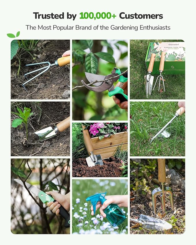 All-in-One Garden Tool Set with Tools Organizer Belt Adjustable, 10-Piece Gardening Hand Tools, Long Lasting Rust-Proof Premium Garden Tool Kit, Gardening Gift for Women Men (Green)