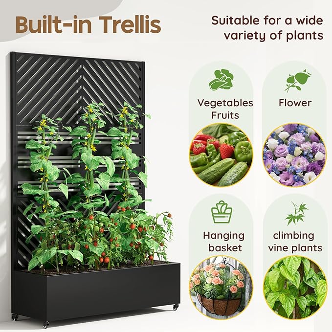 Metal Planter with Trellis& Wheels 72" x 47"x 15.7" Raised Garden Bed with Trellis,Privacy Planters for Patio,Garden Bed for Climbing Plants,Suitable for Climbing Plants and Vegetables,Black