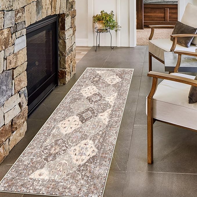 Boho Vintage Area Rugs 2×6 Washable Non-Slip Traditional Brown Runner Rug for Hallway Kitchen Entryway